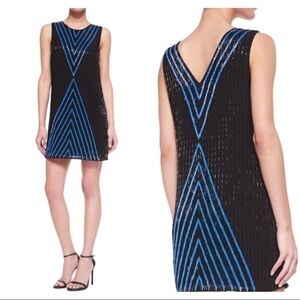 $396 NWT Parker Sz M Black Blue Silk Hourglass Chevron Beaded Mini Dress NEW